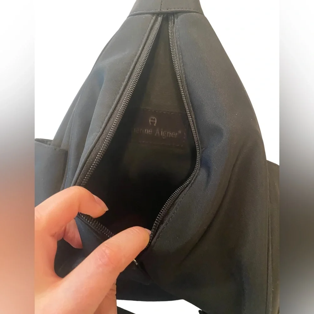 ETIENNE AIGNER small backpack bag purse all black silver logo zipper straps